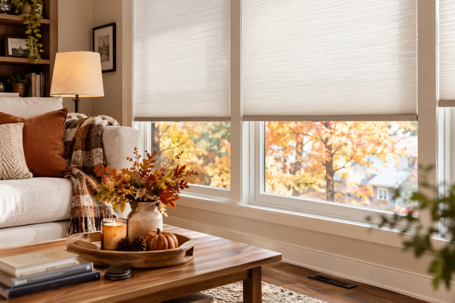 Fall window prep in a Hamilton living room with honeycomb shades partly lowered over windows showing autumn trees