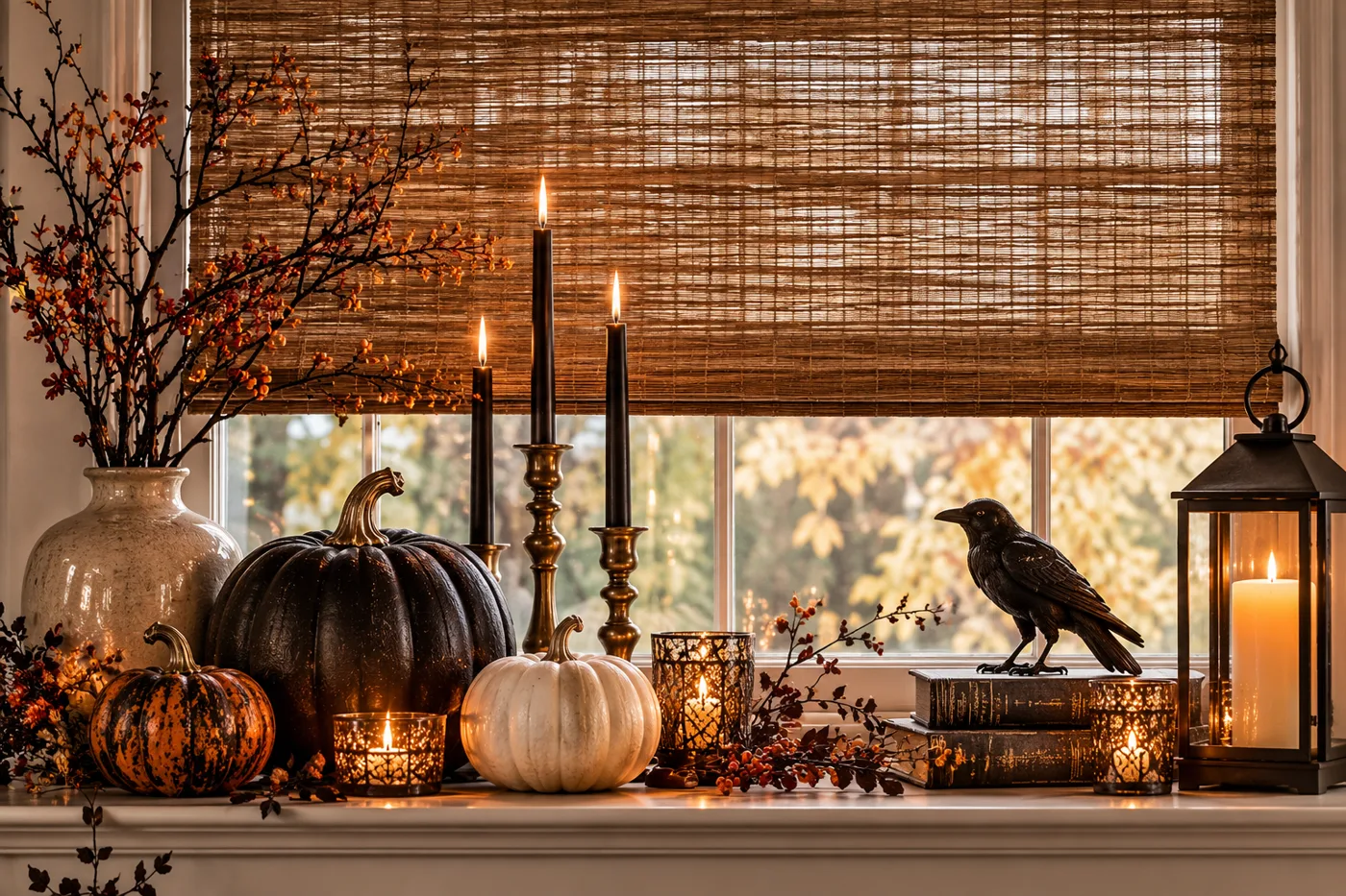 Pumpkins, candles and a raven figure on a windowsill beneath a woven natural shade