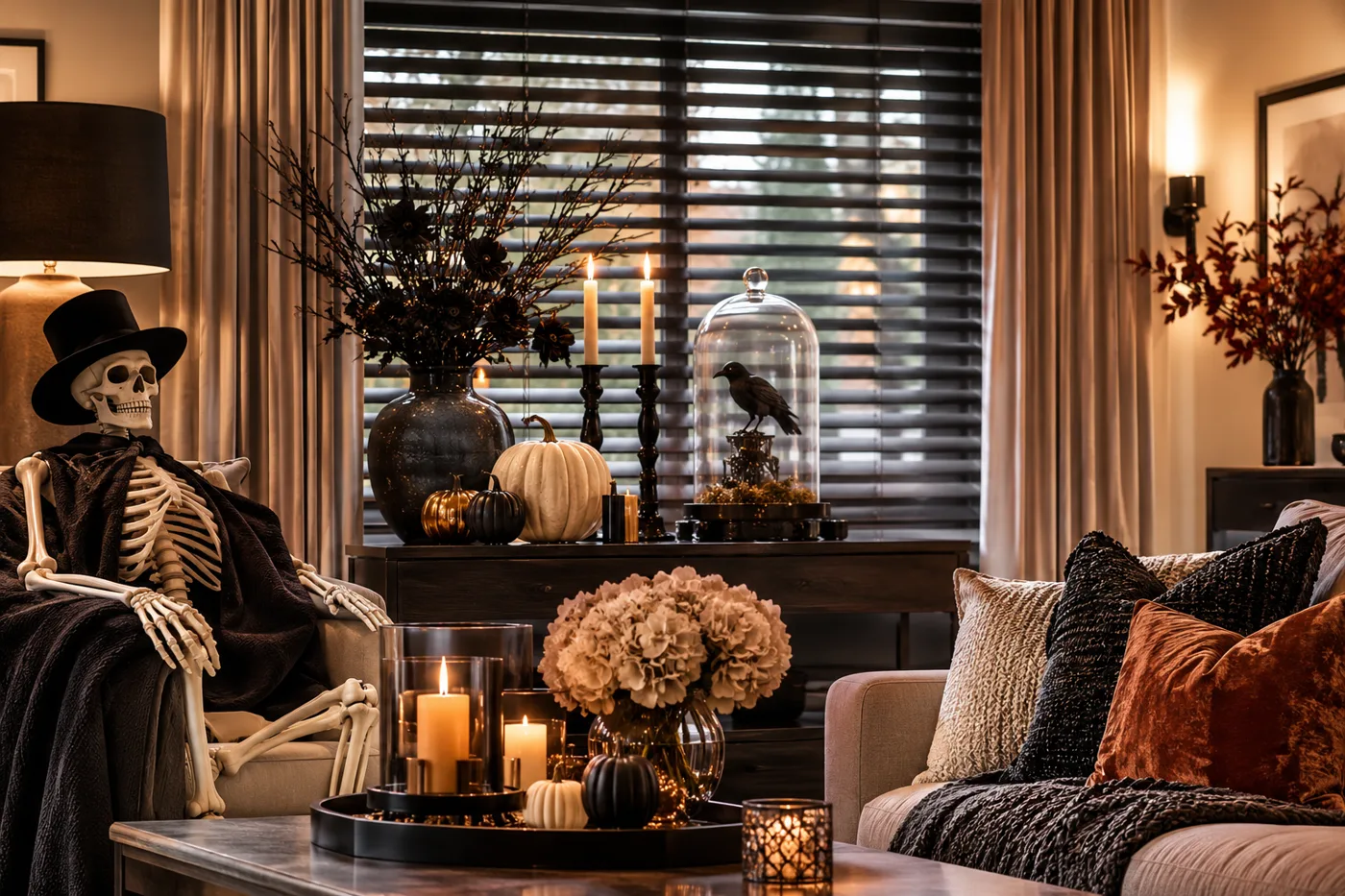 Halloween evening display with candles, pumpkins and a raven in front of dark wood blinds