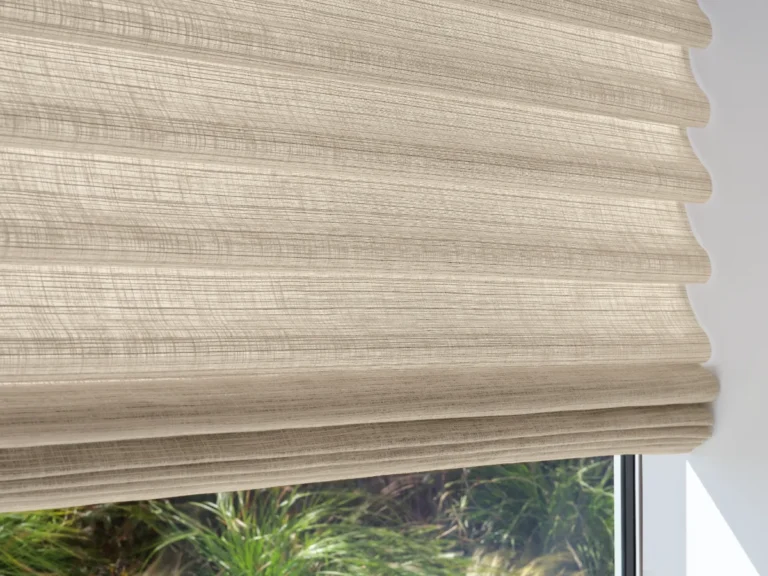 Hunter Douglas Vignette Modern Roman Shade with soft tailored fabric folds partly raised