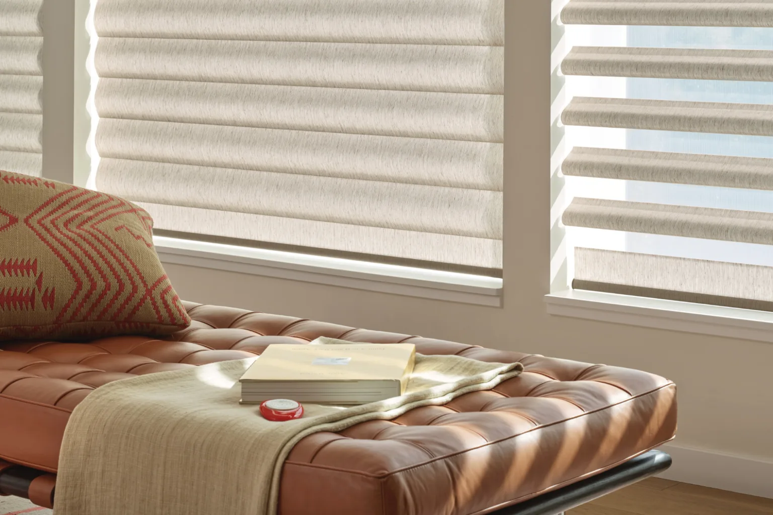 Hunter Douglas Pirouette Window Shadings filtering natural light in a modern living room